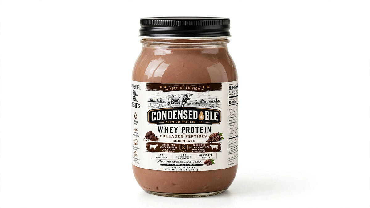CONDENSEDABLE™ Premium Protein Fuel Chocolate Whey Protein + Collagen Peptides – Special Edition 14oz. (In Glass Jar)