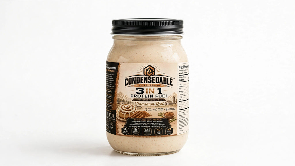 CONDENSEDABLE™ Ultra Premium 3-in-1 Protein Fuel Sweetened Condensed Whey Protein + Collagen Peptides + Creatine Monohydrate – Cinnamon Roll 16oz. (In Glass Jar)