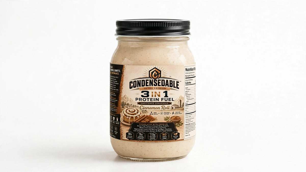 CONDENSEDABLE™ Ultra Premium 3-in-1 Protein Fuel Sweetened Condensed Whey Protein + Collagen Peptides + Creatine Monohydrate – Cinnamon Roll 16oz. (In Glass Jar)