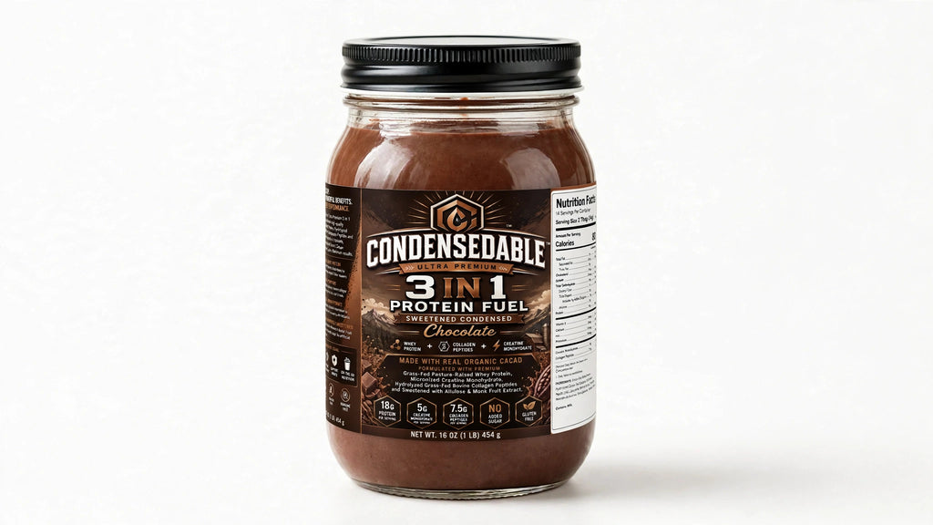 CONDENSEDABLE™ Ultra Premium 3-in-1 Protein Fuel Sweetened Condensed Whey Protein + Collagen Peptides + Creatine Monohydrate – Chocolate 16oz. (In Glass Jar)