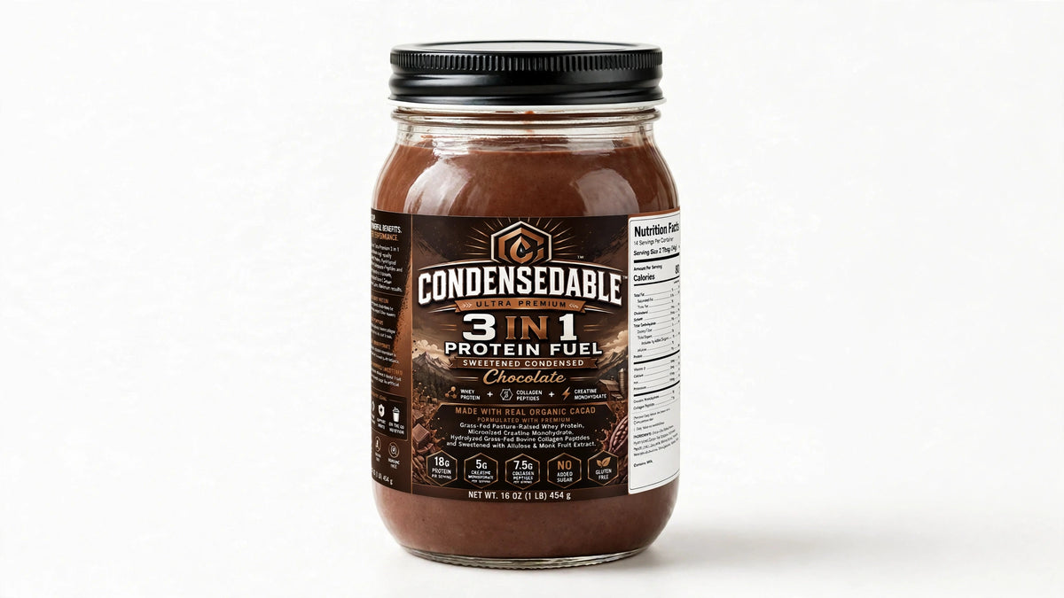 CONDENSEDABLE™ Ultra Premium 3-in-1 Protein Fuel Sweetened Condensed Whey Protein + Collagen Peptides + Creatine Monohydrate – Chocolate 16oz. (In Glass Jar)