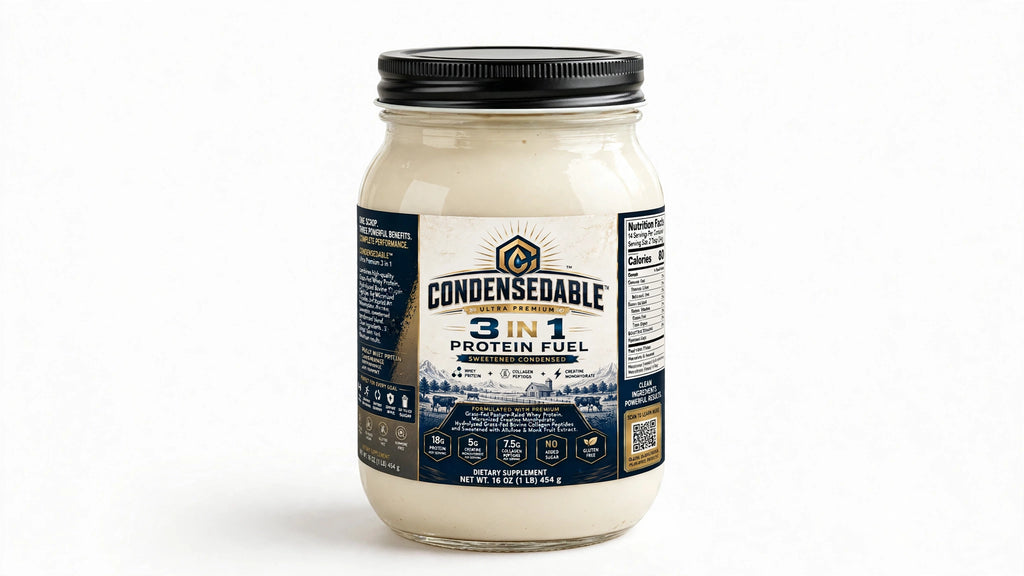 CONDENSEDABLE™ Ultra Premium 3-in-1 Protein Fuel Sweetened Condensed Whey Protein + Collagen Peptides + Creatine Monohydrate 16oz. (In Glass Jar)
