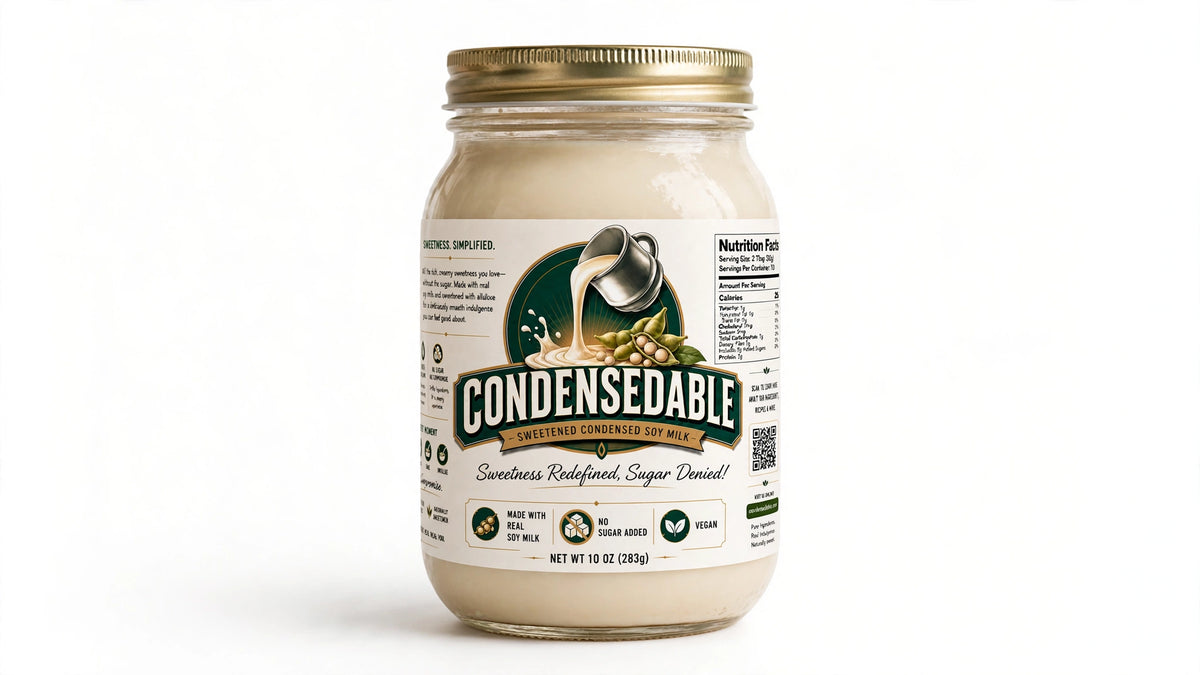 A glass jar of Condensedable Sweetened Redefined Sugar Free Syrup with a gold metal lid and a cream-colored label, set against a plain white background.