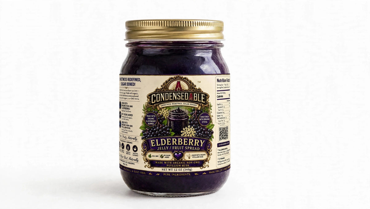 CONDENSEDABLE™ Elderberry Jelly / Fruit Spread | No Sugar Added | Plant-Based | 12oz. (In Glass Jar)