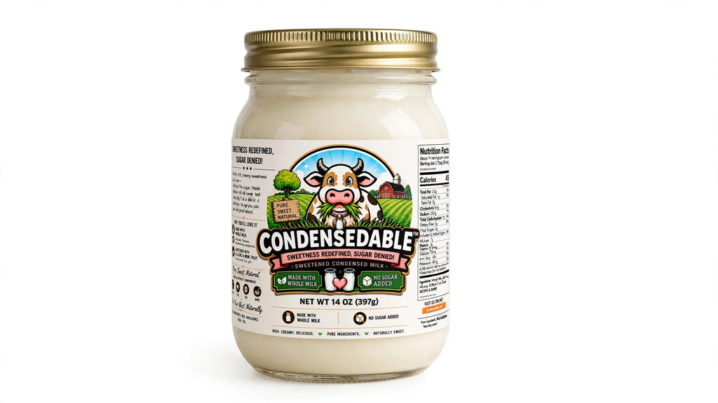 A glass jar of Condensedable Sweetened Creamery Sugar Free Vanilla Flavor Condensed Milk with a gold metal lid and a colorful cartoon cow label, set against a plain white background.