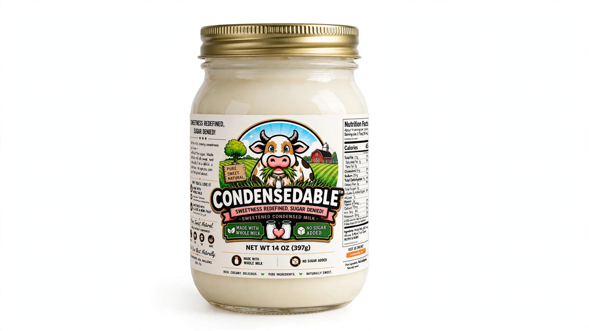 A glass jar of Condensedable Sweetened Creamery Sugar Free Vanilla Flavor Condensed Milk with a gold metal lid and a colorful cartoon cow label, set against a plain white background.