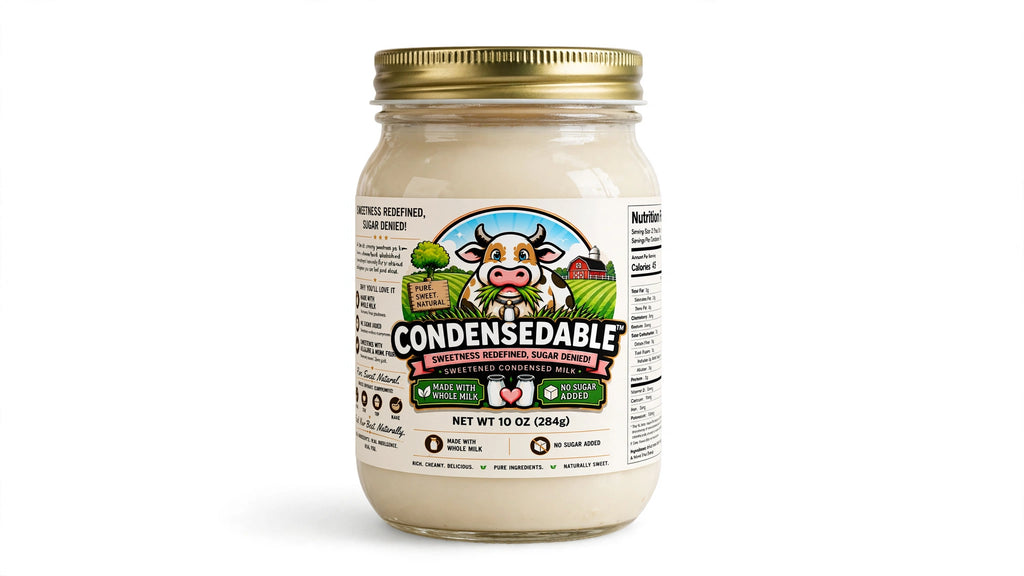 A 10 oz glass jar of Condensedable Sweetened Creamery Vanilla Sweetened Condensed Milk with a gold metal lid and a colorful cartoon cow label, set against a plain white background.