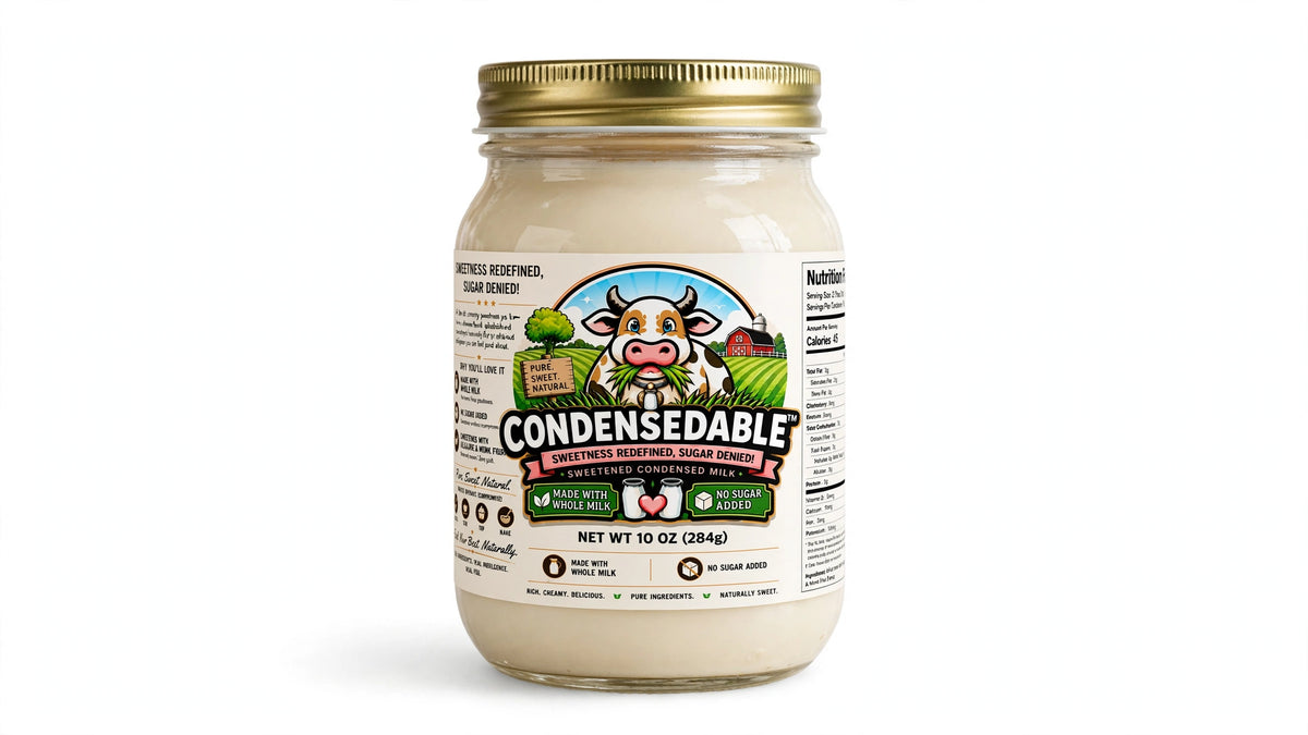 A 10 oz glass jar of Condensedable Sweetened Creamery Vanilla Sweetened Condensed Milk with a gold metal lid and a colorful cartoon cow label, set against a plain white background.