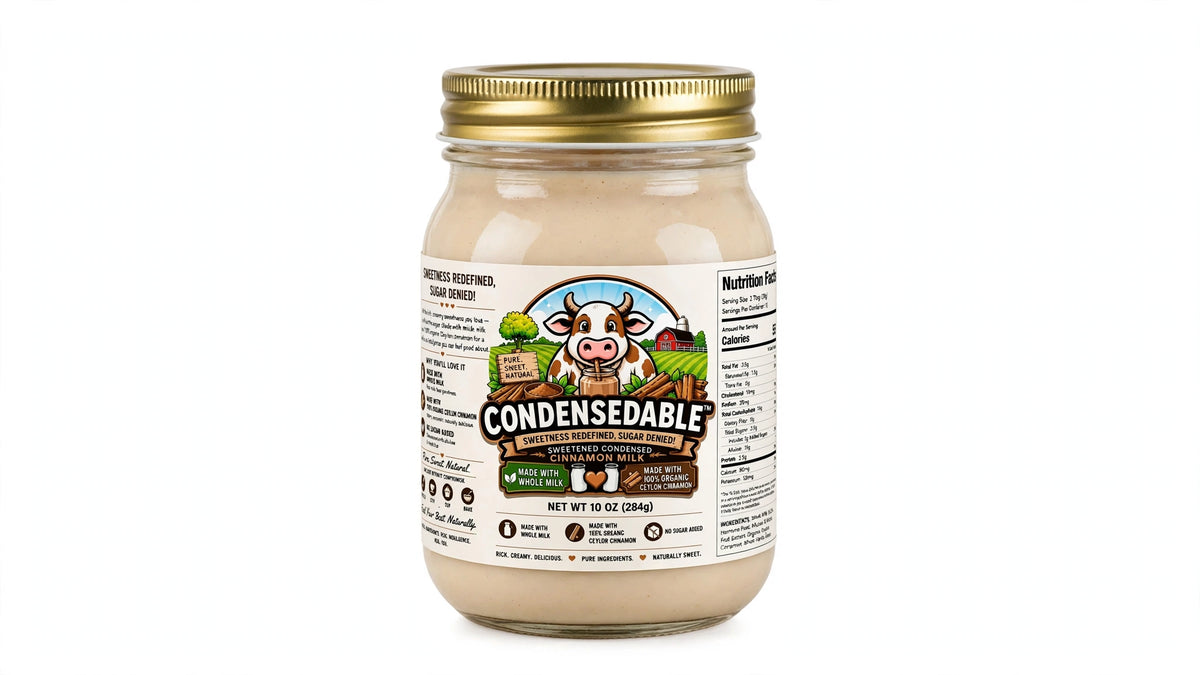 A glass jar of Condensedable Creamery Cinnamon Milk with a gold metal lid and a white label featuring a cartoon cow, shown on a plain white background.