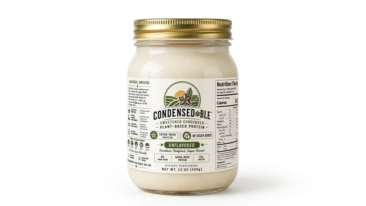 Condensedable™ Sweetened Condensed Sacha Inchi Plant-Based Protein – Unflavored 12oz. (In Glass Jar)
