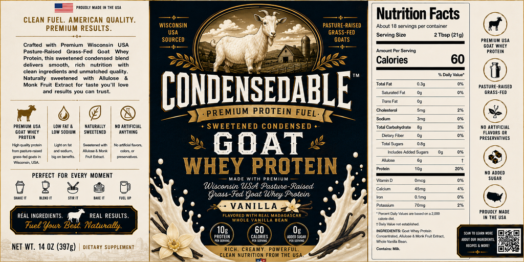 CONDENSEDABLE™ Premium Protein Fuel Sweetened Condensed Goat Whey Protein – Vanilla 14oz. (In Glass Jar)