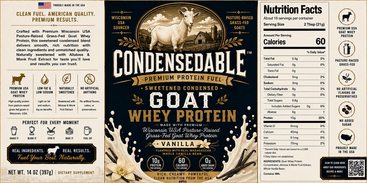 CONDENSEDABLE™ Premium Protein Fuel Sweetened Condensed Goat Whey Protein – Vanilla 14oz. (In Glass Jar)