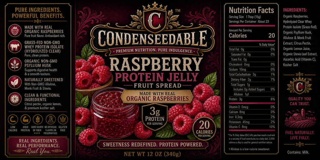 CONDENSEDABLE™ Raspberry Protein Jelly Fruit Spread 12oz. (In Glass Jar)