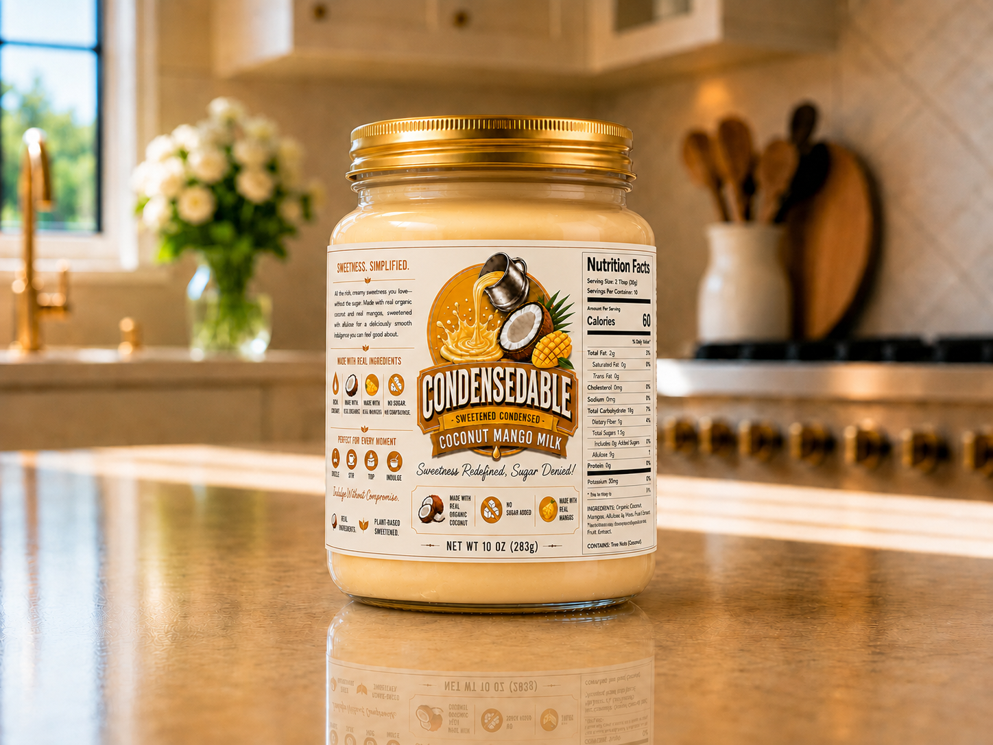 Jar of Condensable coconut mango milk on a kitchen counter