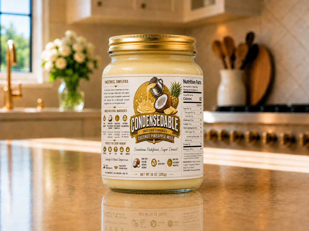Jar of Condensable coconut pineapple mix on a kitchen counter