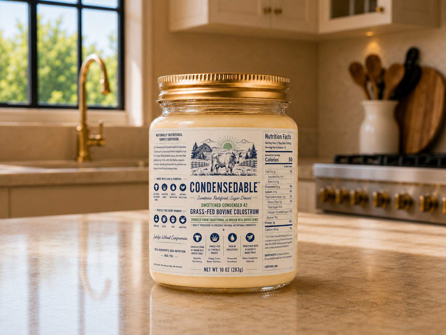 Jar of 'Condensedable' on a kitchen counter with a window and sink in the background