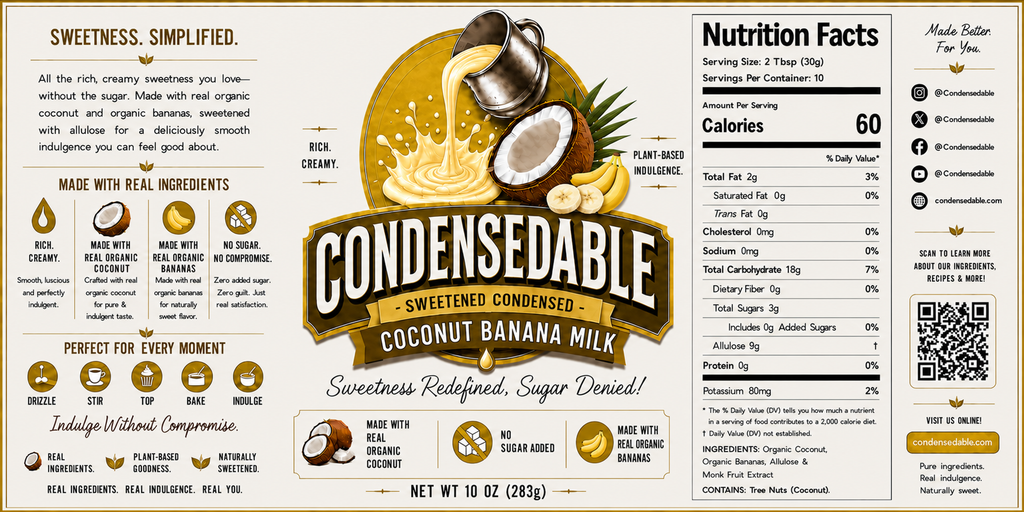 Label of Condensedable Sweetened Condensed Coconut Banana Milk with nutritional information and branding details.
