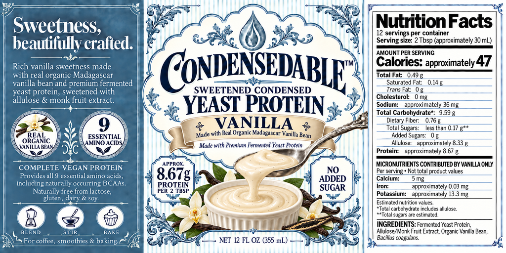 🌼 CONDENSEDABLE™ Sweetened Condensed Vanilla Yeast Protein 12oz. (In Glass Jar)