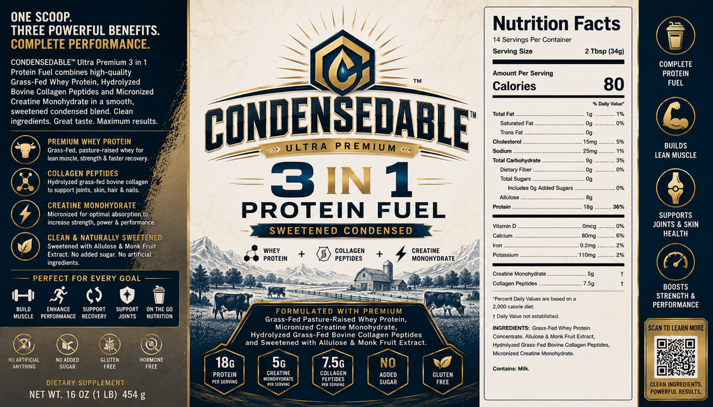 Front and back packaging of Condensedable 3 in 1 Protein Fuel, showing product benefits, nutrition facts, and usage information on a dark background.