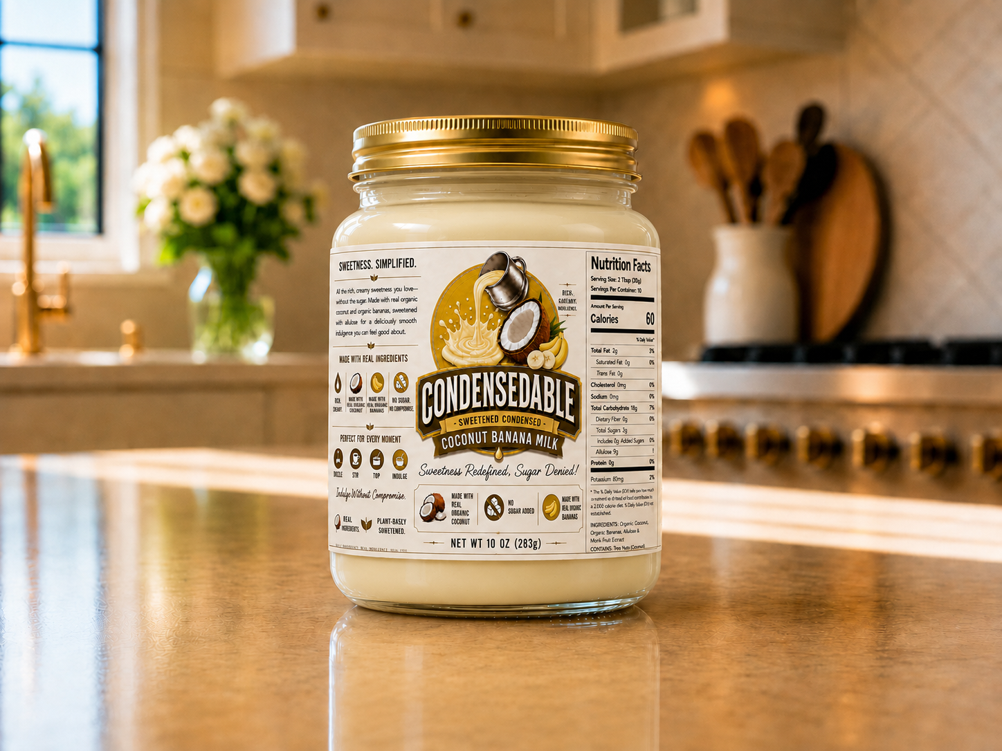 Jar of Condensable coconut banana milk on a kitchen counter