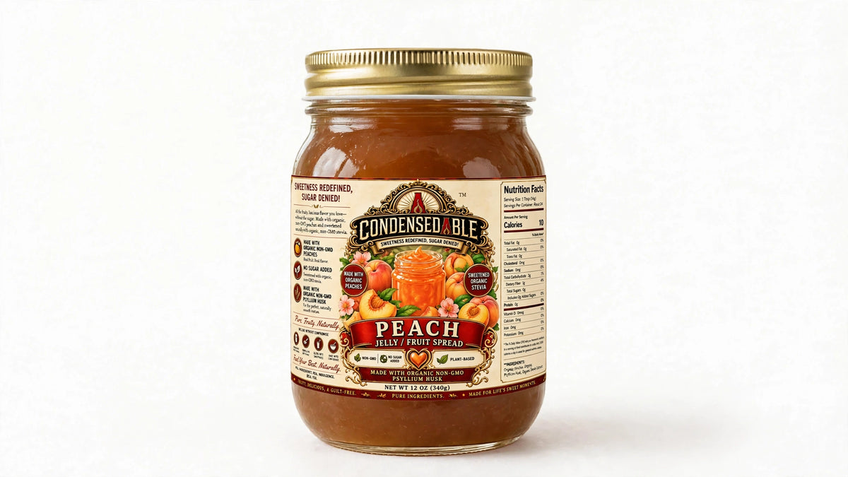 CONDENSEDABLE™ Peach Jelly / Fruit Spread | No Sugar Added | Plant-Based | 12oz. (In Glass Jar)