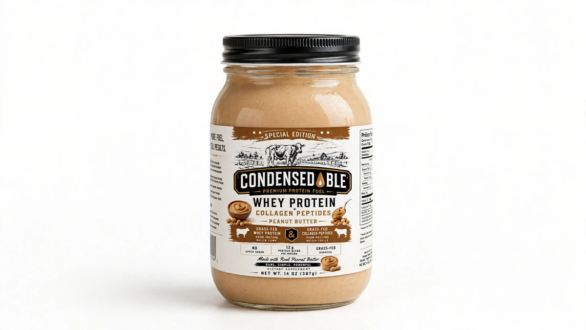 CONDENSEDABLE™ Special Edition Peanut Butter Whey Protein + Collagen Peptides 14oz. (In Glass Jar)