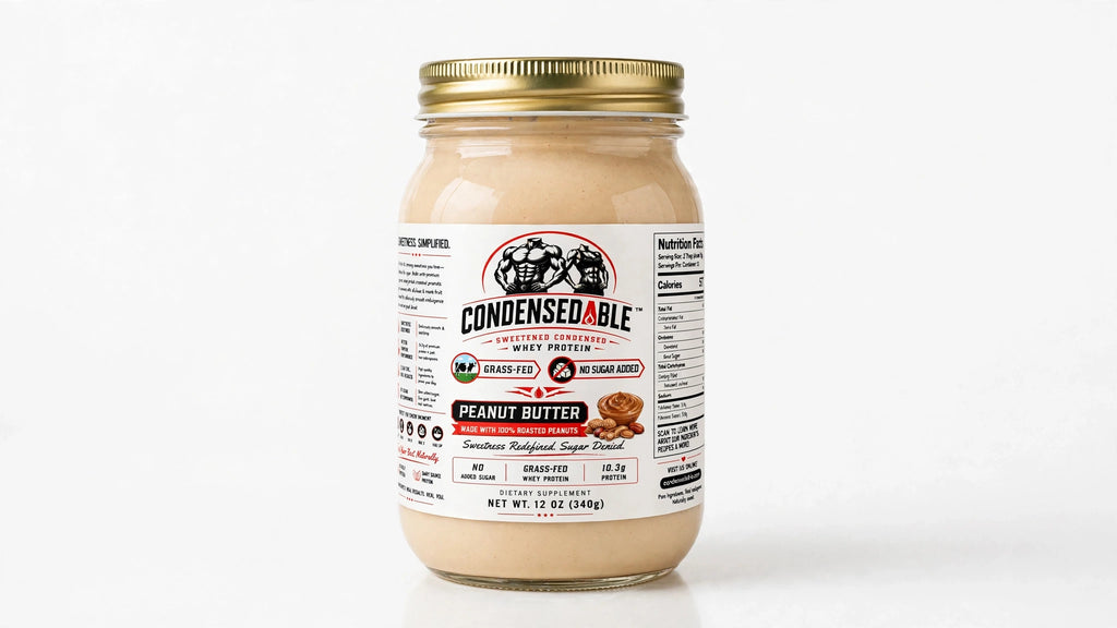 A glass jar of Condensedable Brand Condensed Peanut Butter with a gold metal lid and a white label, set against a plain white background.
