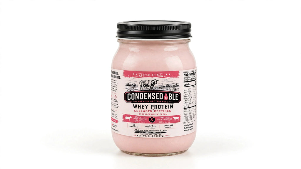CONDENSEDABLE™ Special Edition Strawberries N’ Cream Whey Protein + Collagen Peptides 14oz. (In Glass Jar)