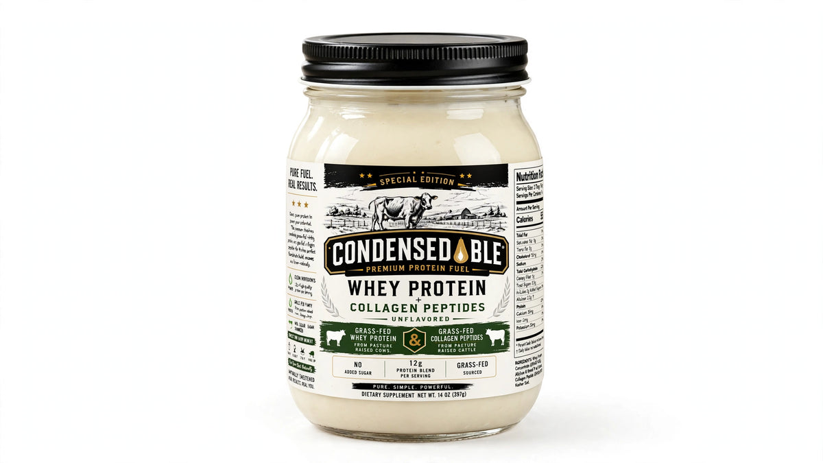 CONDENSEDABLE™ Premium Protein Fuel Unflavored Whey Protein + Collagen Peptides – Special Edition Special Edition 14oz. (In Glass Jar)