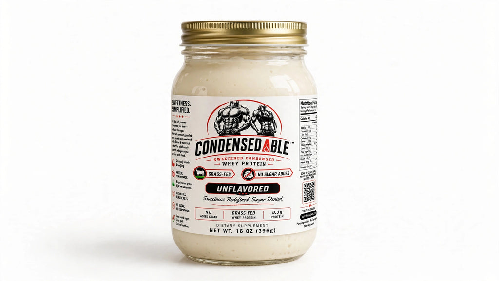 A jar of Condensed Able Unflavored Whey Protein powder with a gold metal lid and a white label, set against a plain white background.