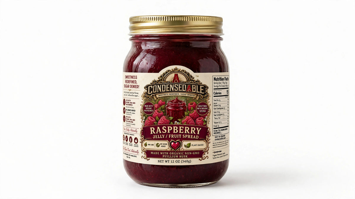 Condensedable™ Raspberry Jelly / Fruit Spread | No Sugar Added | Plant-Based | 12oz. (In Glass Jar)
