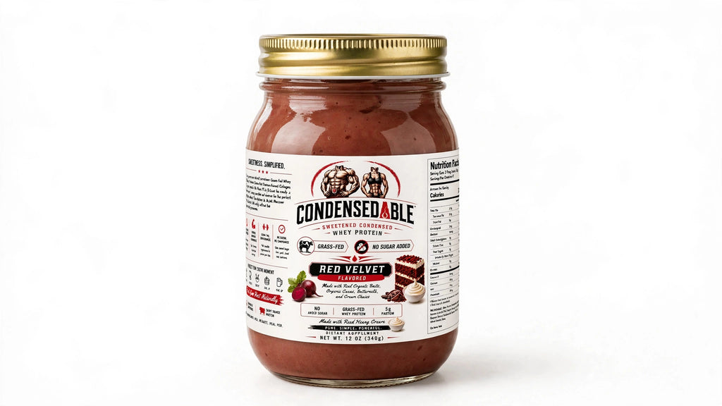 Condensedable™ Sweetened Condensed Whey Protein – Red Velvet Flavor 12oz. (In Glass Jar)