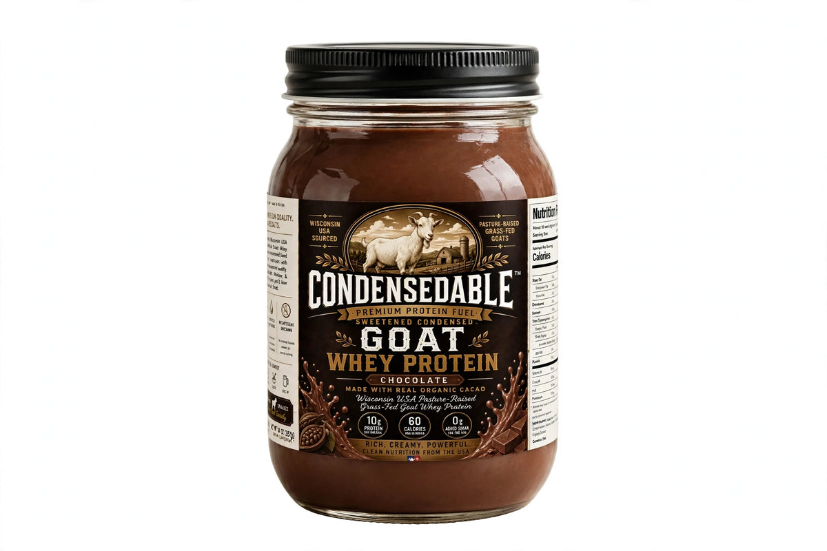 CONDENSEDABLE™ Premium Protein Fuel Sweetened Condensed Goat Whey Protein – Chocolate 14oz. (In Glass Jar)