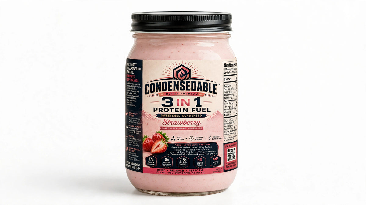 CONDENSEDABLE™ Ultra Premium 3-in-1 Protein Fuel Sweetened Condensed Whey Protein + Collagen Peptides + Creatine Monohydrate – Strawberry 16oz. (In Glass Jar)