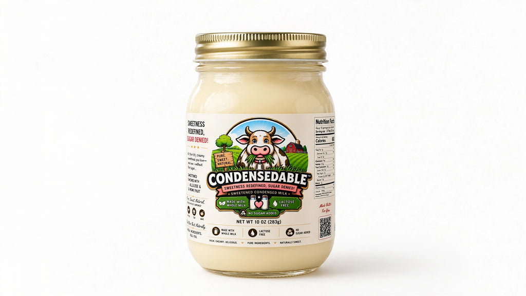 A glass jar of Condensedable Creamery Sweet Ginger Condensed Milk with a gold metal lid and a detailed label, set against a plain white background.