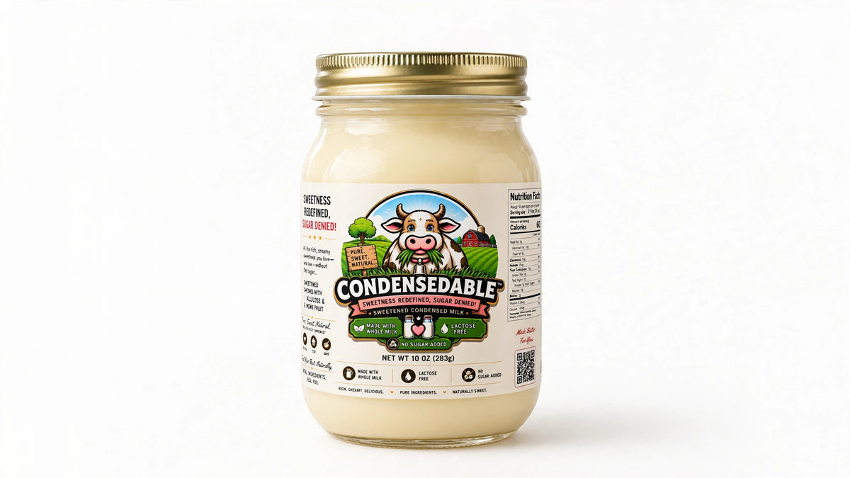 A glass jar of Condensedable Creamery Sweet Ginger Condensed Milk with a gold metal lid and a detailed label, set against a plain white background.
