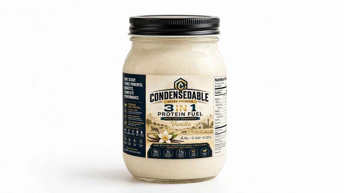 CONDENSEDABLE™ Ultra Premium 3-in-1 Protein Fuel Sweetened Condensed Whey Protein + Collagen Peptides + Creatine Monohydrate – Vanilla 16oz. (In Glass Jar)