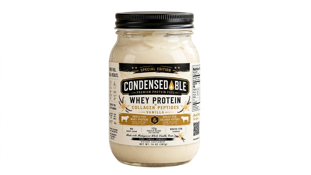 CONDENSEDABLE™ Premium Protein Fuel Vanilla Whey Protein + Collagen Peptides – Special Edition 14oz. (In Glass Jar)