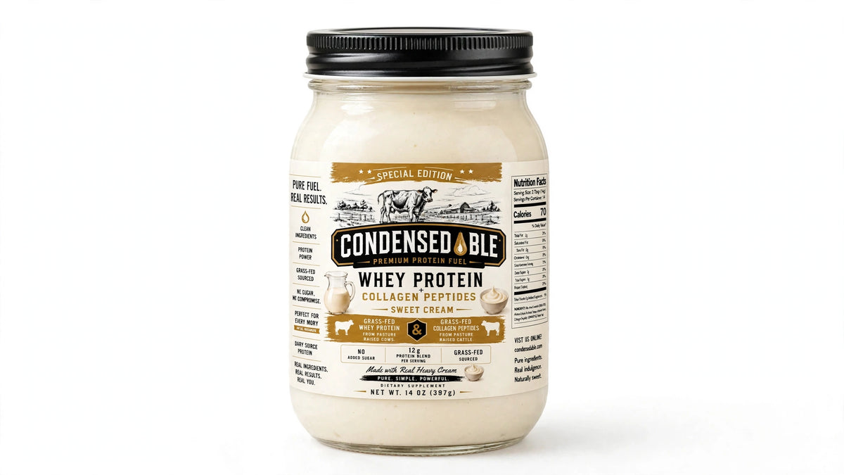 CONDENSEDABLE™ Premium Protein Fuel Sweet Cream Whey Protein + Collagen Peptides – Special Edition 14oz. (In Glass Jar)